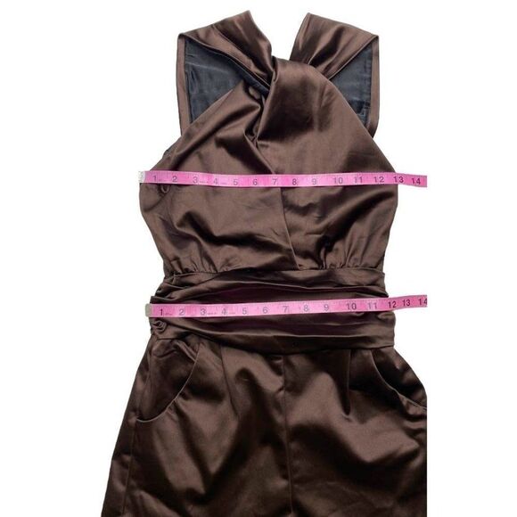 Bebe Brown Satin Halter Knot Front Stretch Romper Jumper‎ Sz 4 - Picture 8 of 8